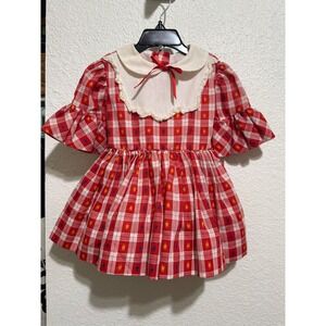 Martha's Miniatures Vintage Gingham Heart Dress Toddler 2 Red Lace Peter Pan 80s